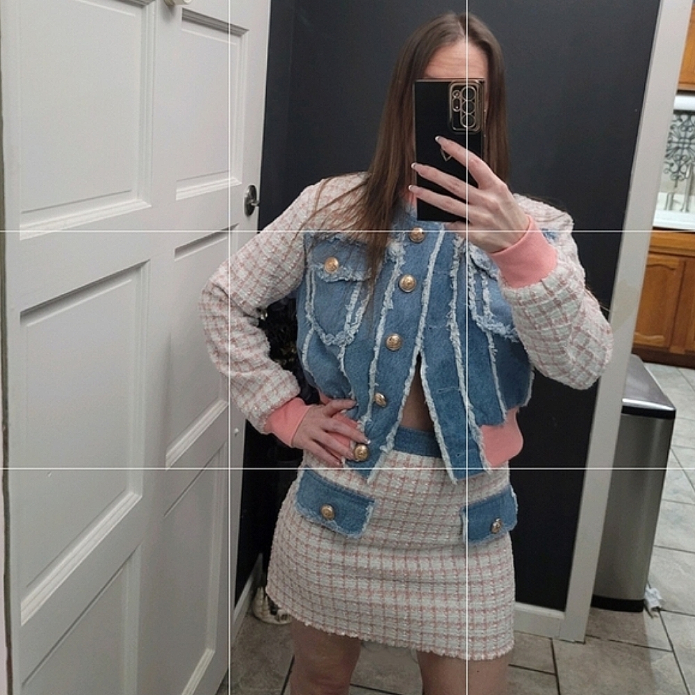 L’ Atiste By Amy Denim/Tweed/Fringe Jacket & Skirt Set Size Small